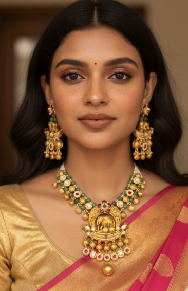 Gold Necklace Set with Elephant Pendant & Red Stones