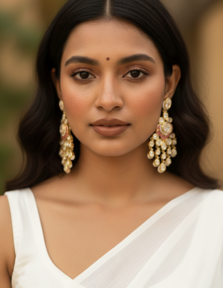 Gold Pink Enamel Chandbali Diamond Earrings
