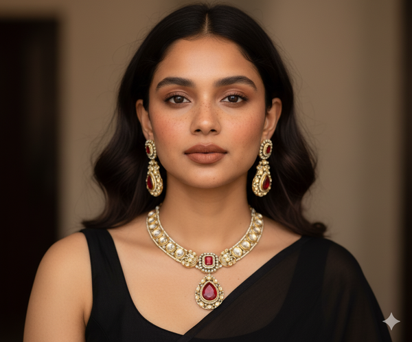 Gold Plated Uncut Kundan Set with Red Rubies & Pearls