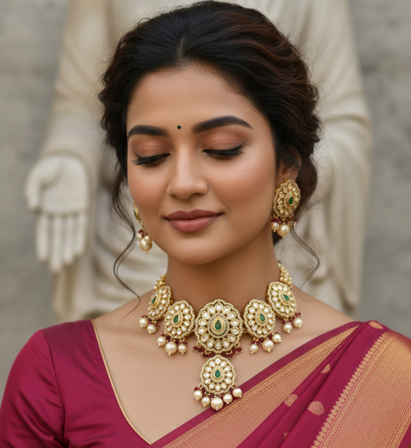 Gold Polki Choker Set with Green Stone & Pink Beads