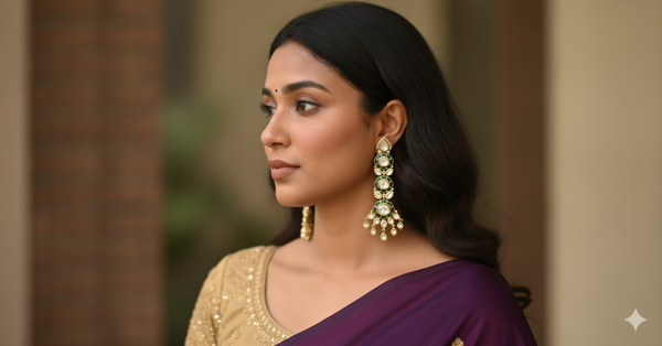 Gold Polki Drop Earrings with Dark Green Meenakari & Pearls