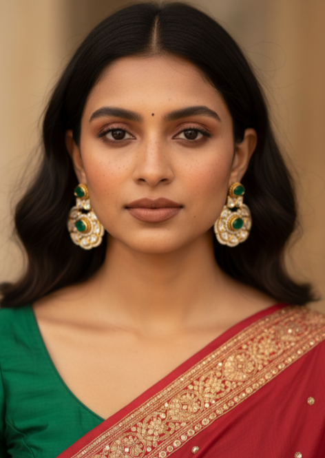 Gold Polki Earrings with Emerald & White Stones