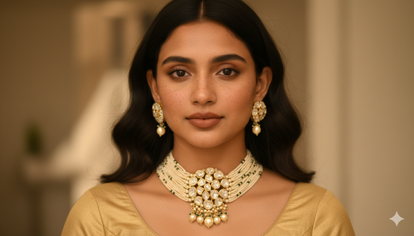 Gold Polki Multi-Strand Choker Set with Pearls & Green Beads