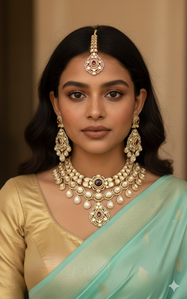 Gold Polki Necklace Set with Ruby Accents & Dual-Layer Choker