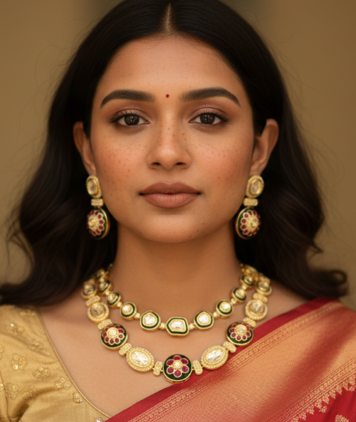 Gold Red & Green Enamel Layered Necklace Set