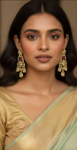 Gold Ruby & Polki Dangler Earrings with Teardrops