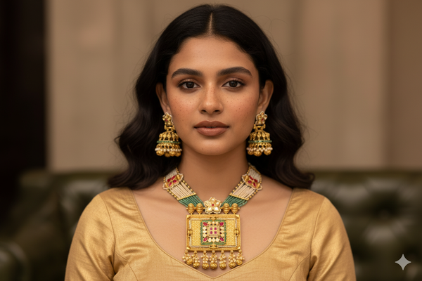 Gold Square Pendant Choker Set with Green Meenakari & Ruby