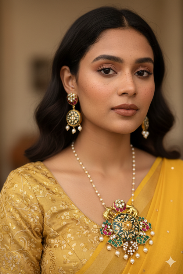 Gold & Emerald Meenakari Long Necklace with Elephant Motifs & Pearls