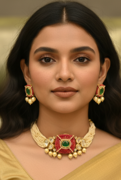 Gold Minimal Choker Set with Emerald & Ruby Stones