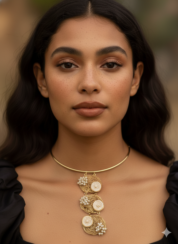 Gold Wire Mesh Choker with Pearl Cluster Pendants