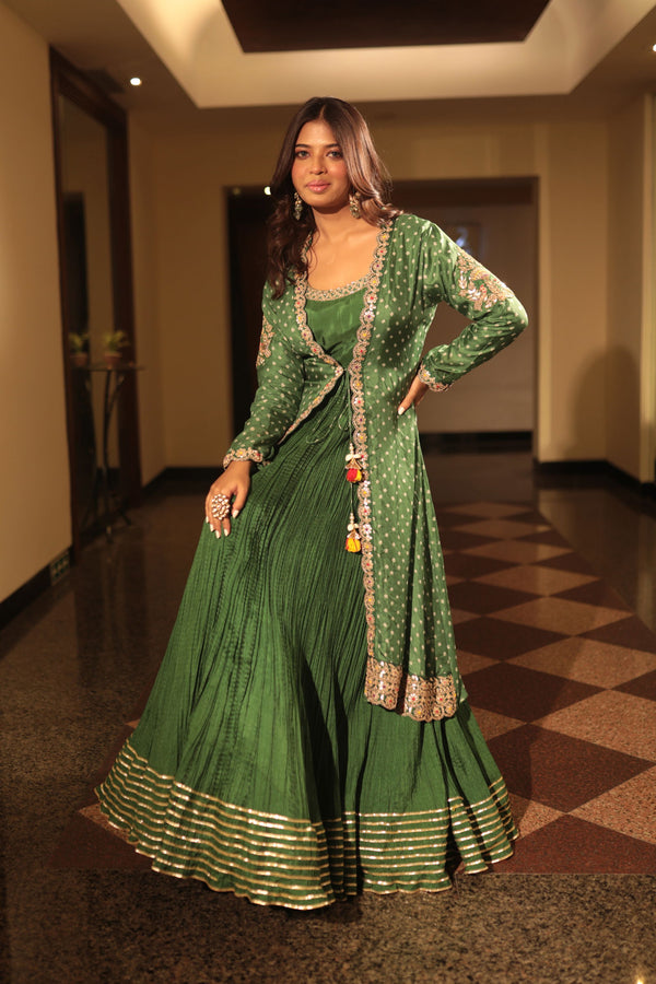 Green Crush Anarkali With Dot Bandhani Jacket - Bandhani