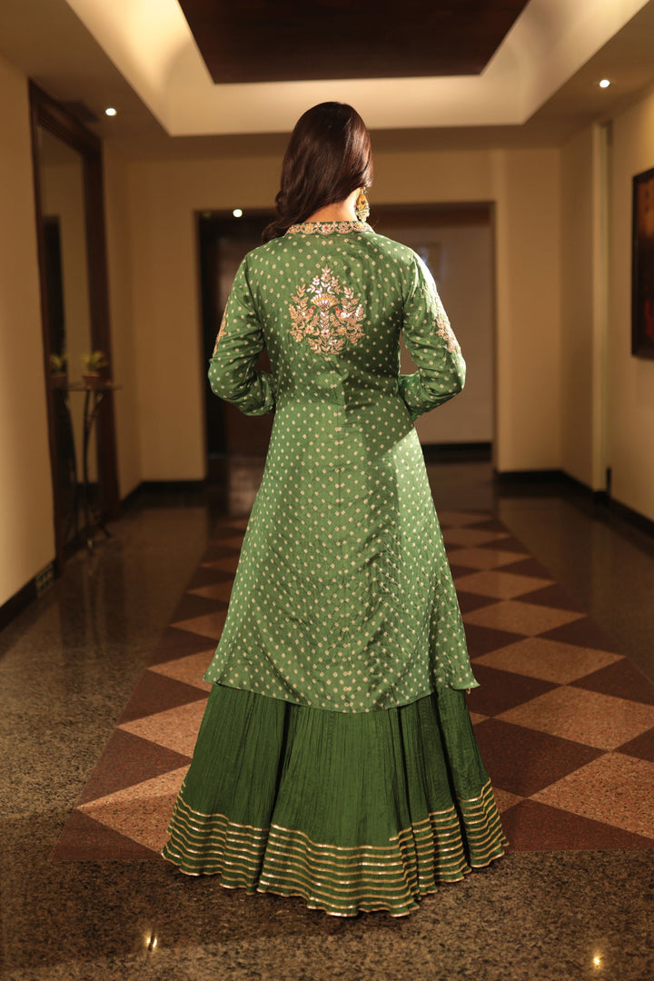 Green Crush Anarkali With Dot Bandhani Jacket - Bandhani