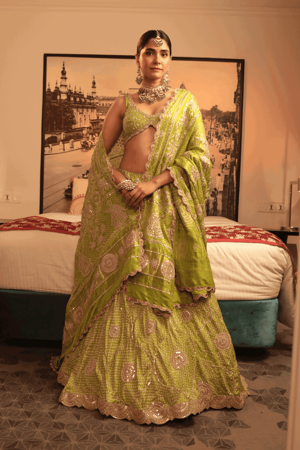 Green Gotapatti Blouse Paired With Green Dot Bandhani Skirt And Bandhani Dupatta - Bandhani