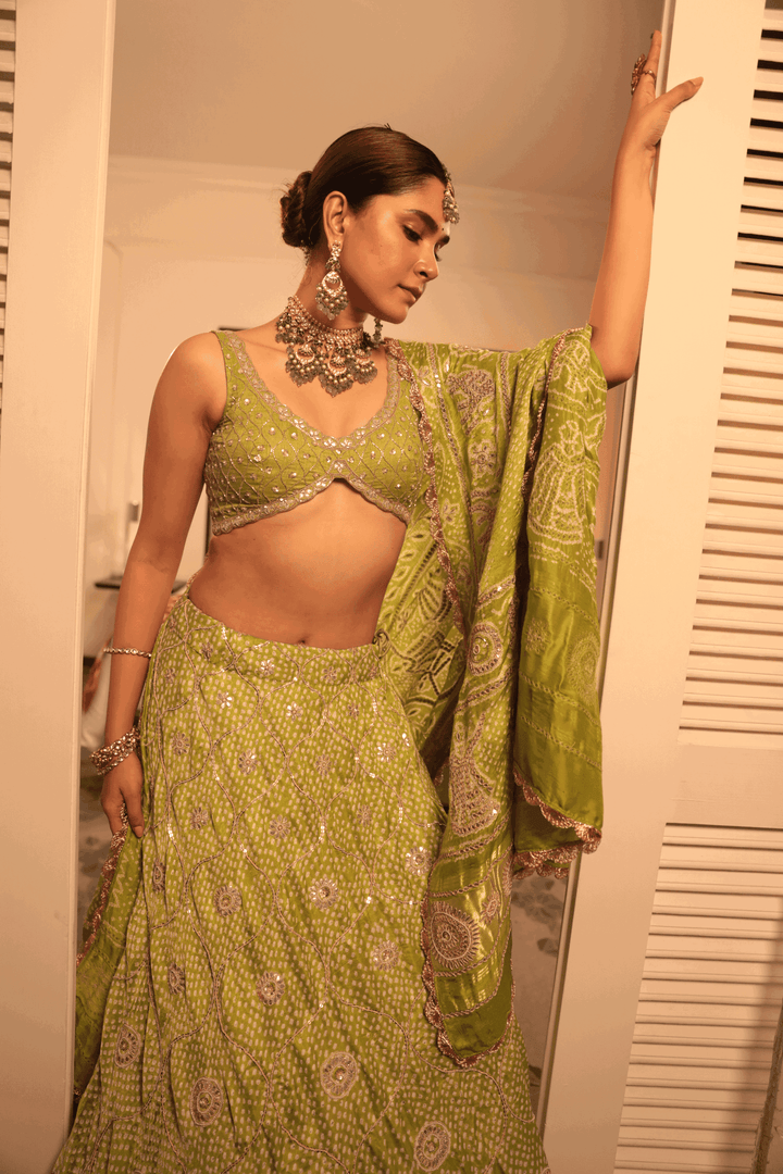 Green Gotapatti Blouse Paired With Green Dot Bandhani Skirt And Bandhani Dupatta - Bandhani