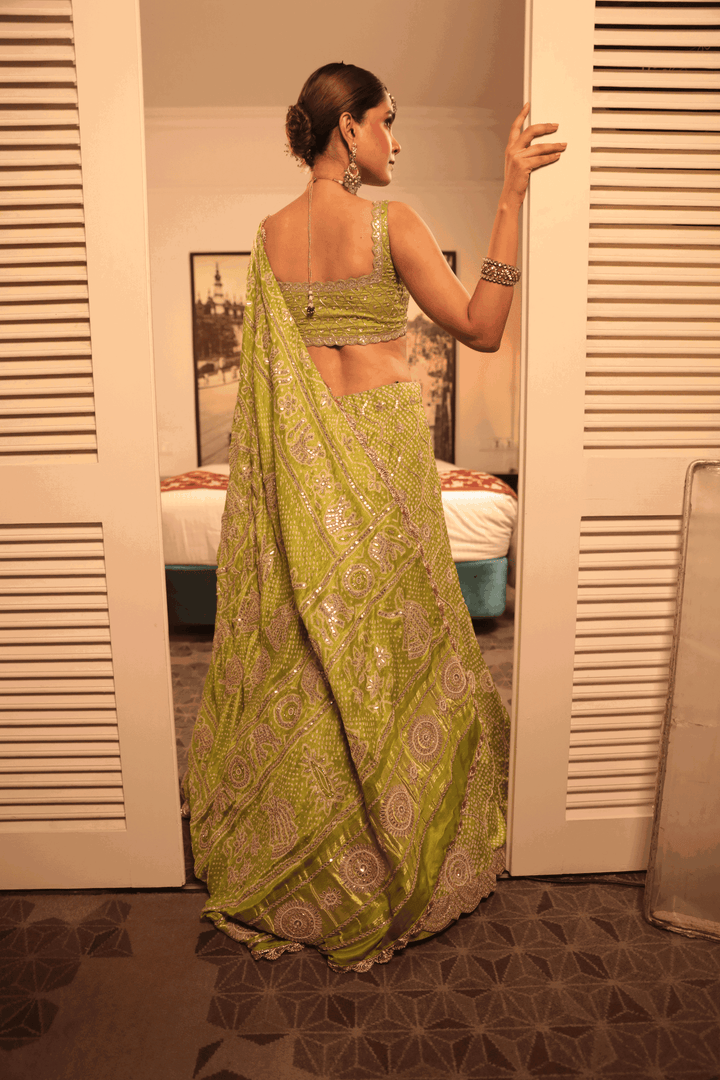 Green Gotapatti Blouse Paired With Green Dot Bandhani Skirt And Bandhani Dupatta - Bandhani