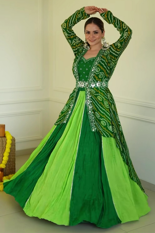 Green Mirror Work Cami Paired With Crush Skirt, Bandhani Jacket & Belt - Bandhani