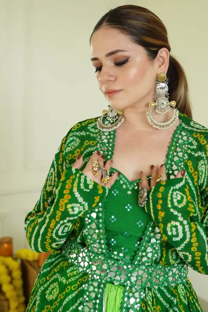 Green Mirror Work Cami Paired With Crush Skirt, Bandhani Jacket & Belt - Bandhani