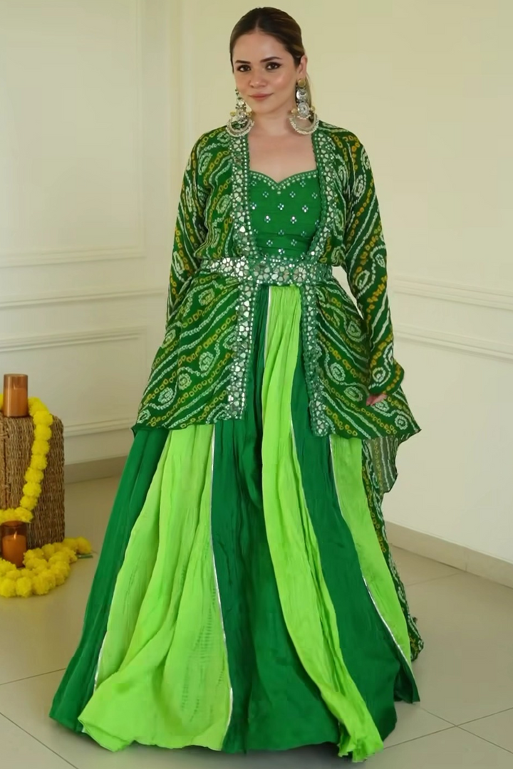 Green Mirror Work Cami Paired With Crush Skirt, Bandhani Jacket & Belt - Bandhani