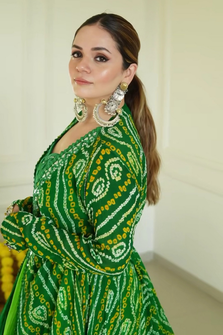 Green Mirror Work Cami Paired With Crush Skirt, Bandhani Jacket & Belt - Bandhani