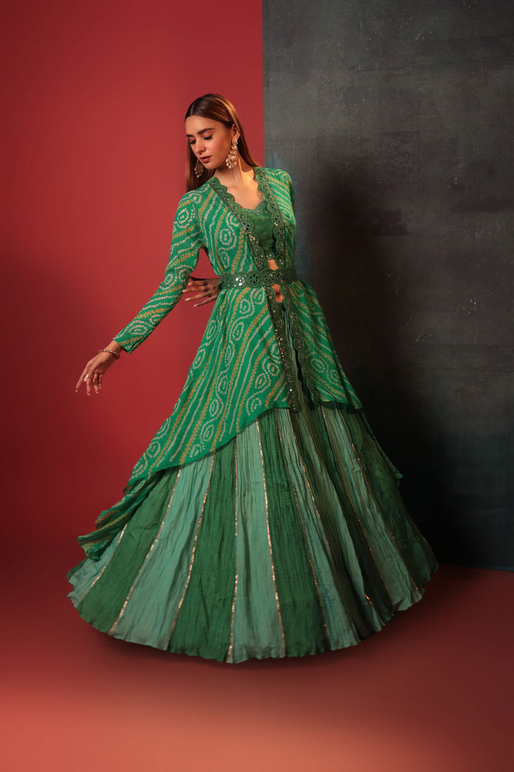 Green Mirror Work Cami Paired With Crush Skirt, Bandhani Jacket & Belt - Bandhani
