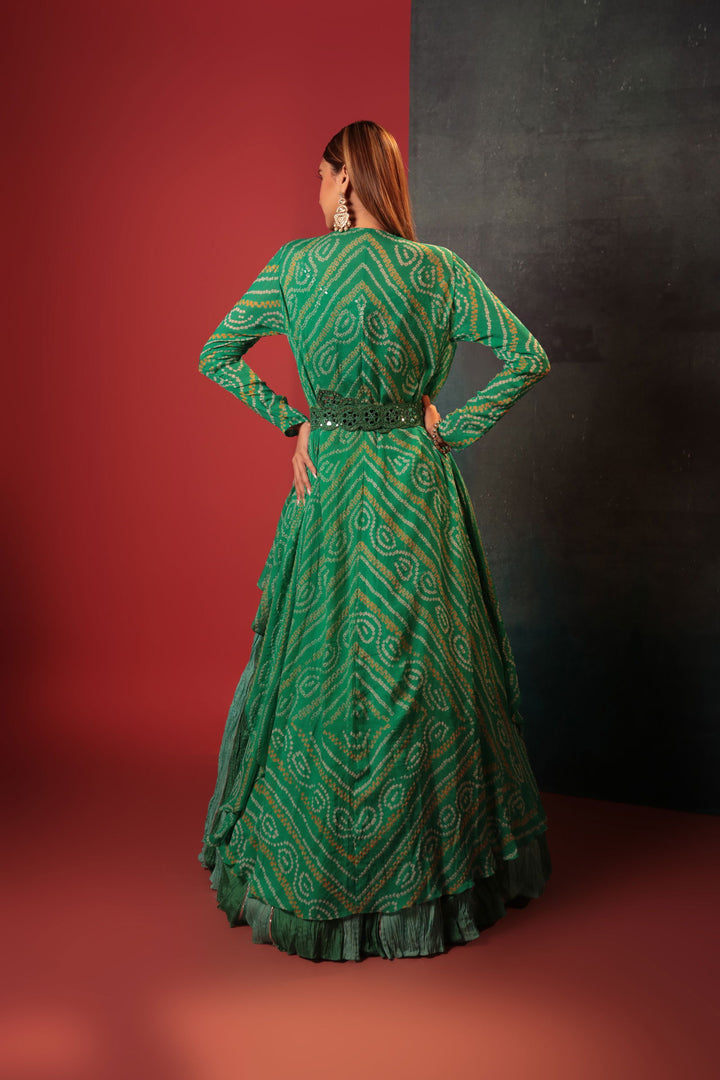 Green Mirror Work Cami Paired With Crush Skirt, Bandhani Jacket & Belt - Bandhani
