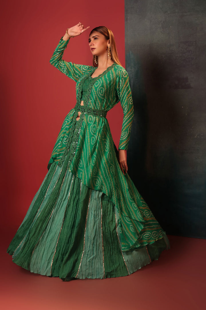 Green Mirror Work Cami Paired With Crush Skirt, Bandhani Jacket & Belt - Bandhani