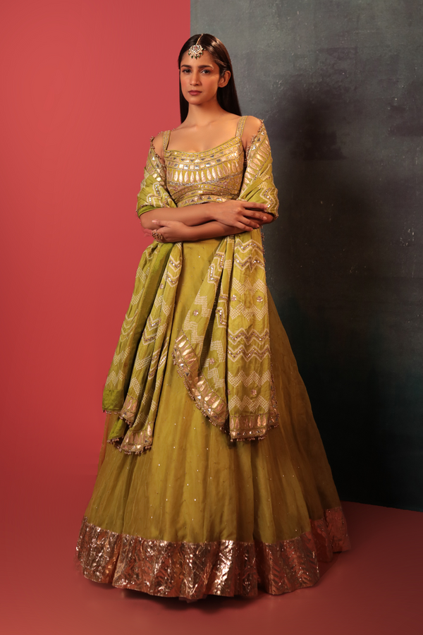 Green Organza Bandhani Lehenga Set - Bandhani