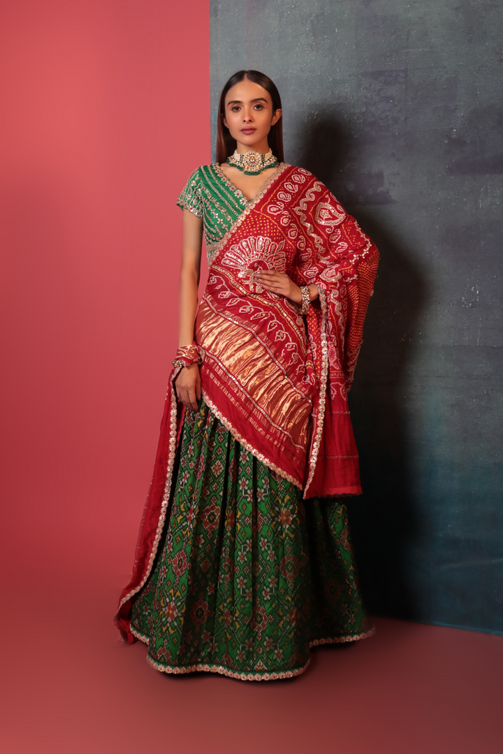 Green Patan Patola Lehenga Set - Bandhani