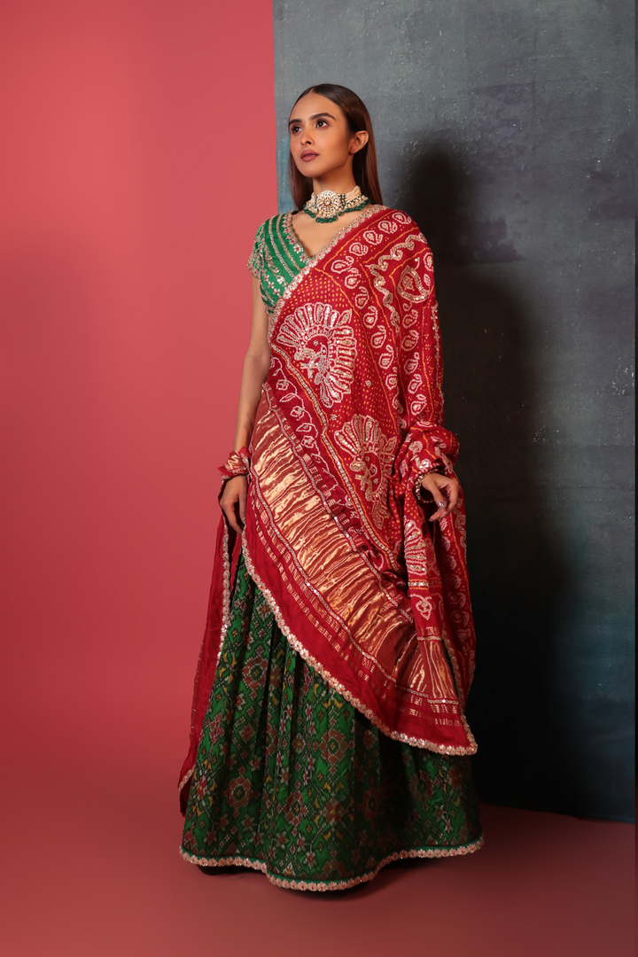 Green Patan Patola Lehenga Set - Bandhani