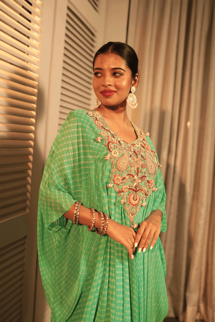 Green Thread And Zardosi Work Kaftaan - Bandhani