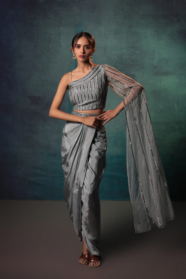 Grey One-Shoulder Crop Top & Drape Skirt - Bandhani