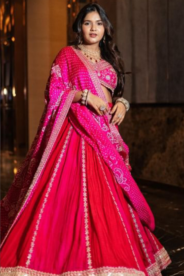 Hot Pink Bandhani Crush Lehenga Set - Bandhani