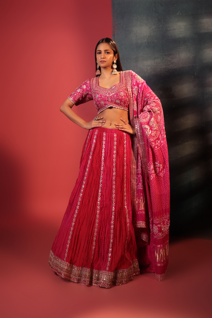 Hot Pink Bandhani Crush Lehenga Set - Bandhani