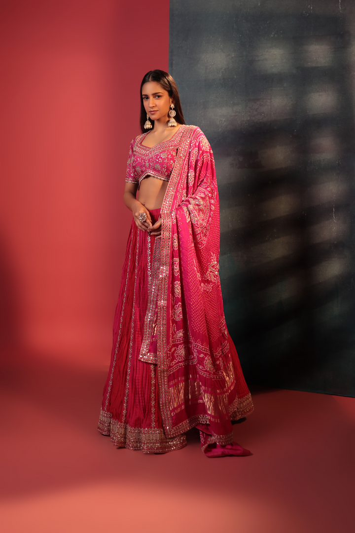 Hot Pink Bandhani Crush Lehenga Set - Bandhani