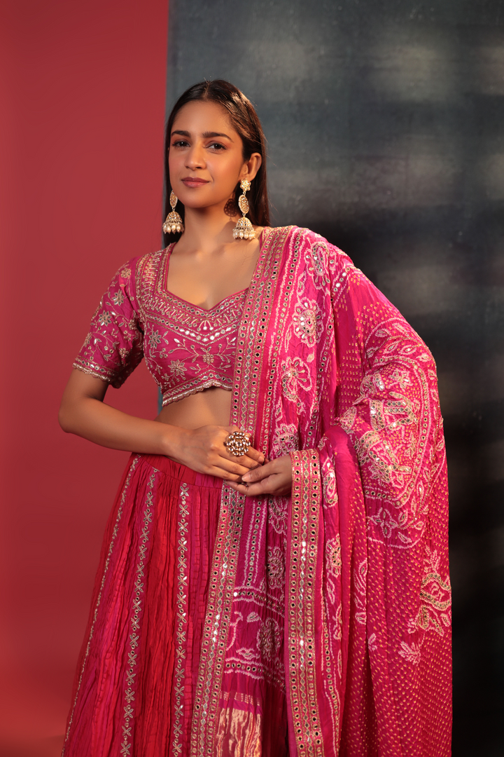 Hot Pink Bandhani Crush Lehenga Set - Bandhani