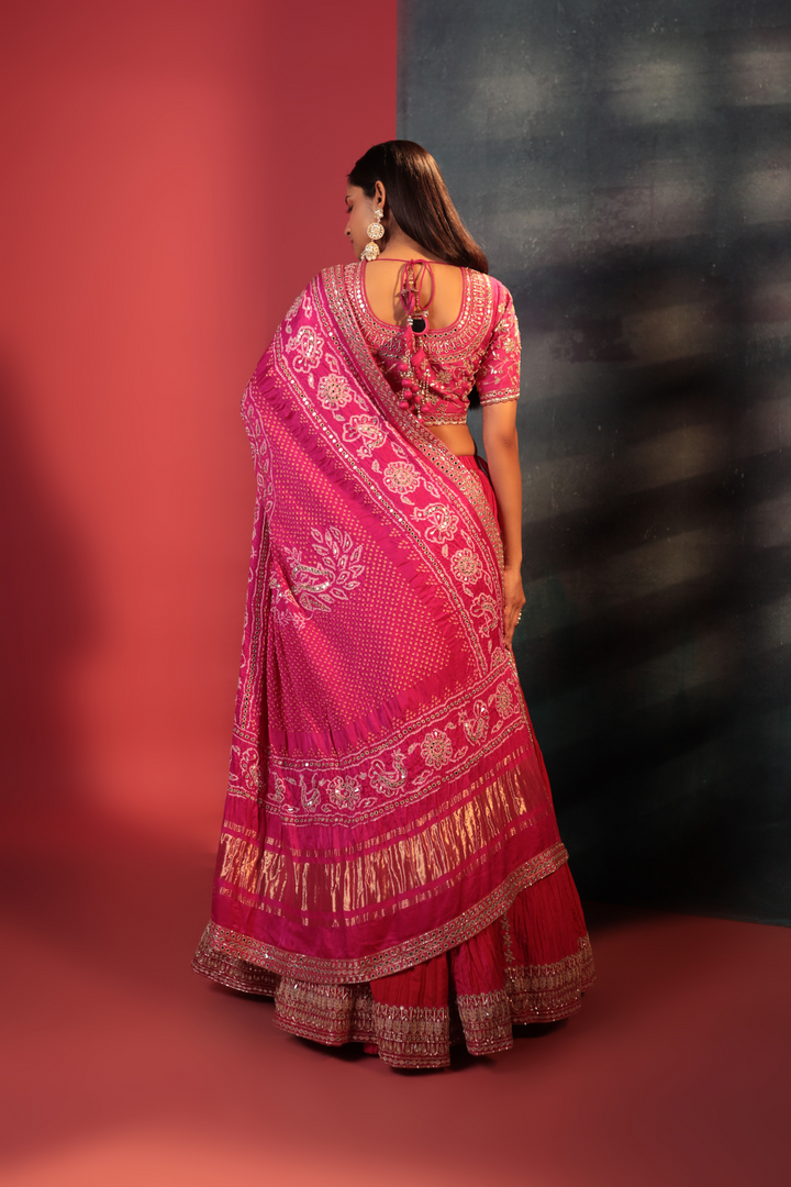 Hot Pink Bandhani Crush Lehenga Set - Bandhani