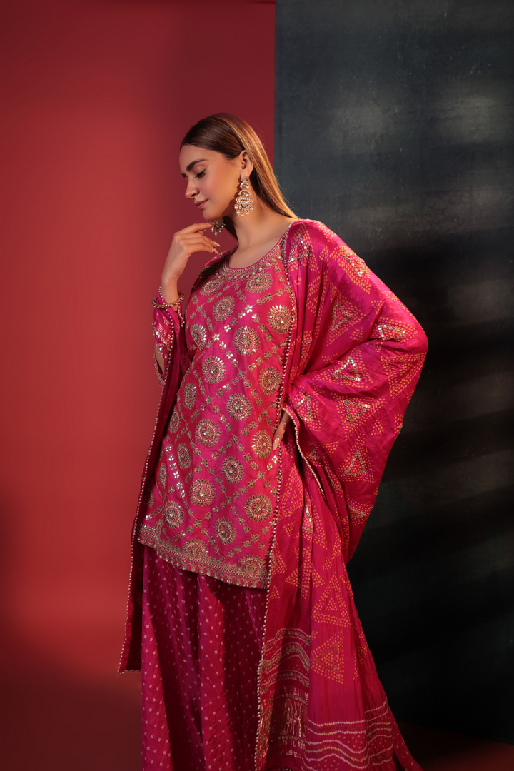 Hot Pink Bandhani Kurta Set - Bandhani