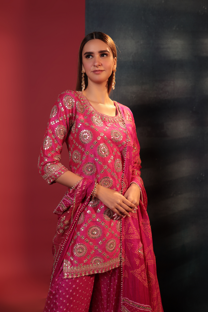 Hot Pink Bandhani Kurta Set - Bandhani