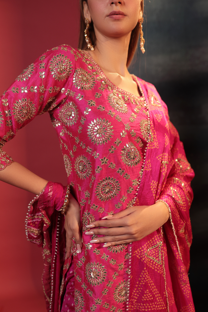 Hot Pink Bandhani Kurta Set - Bandhani