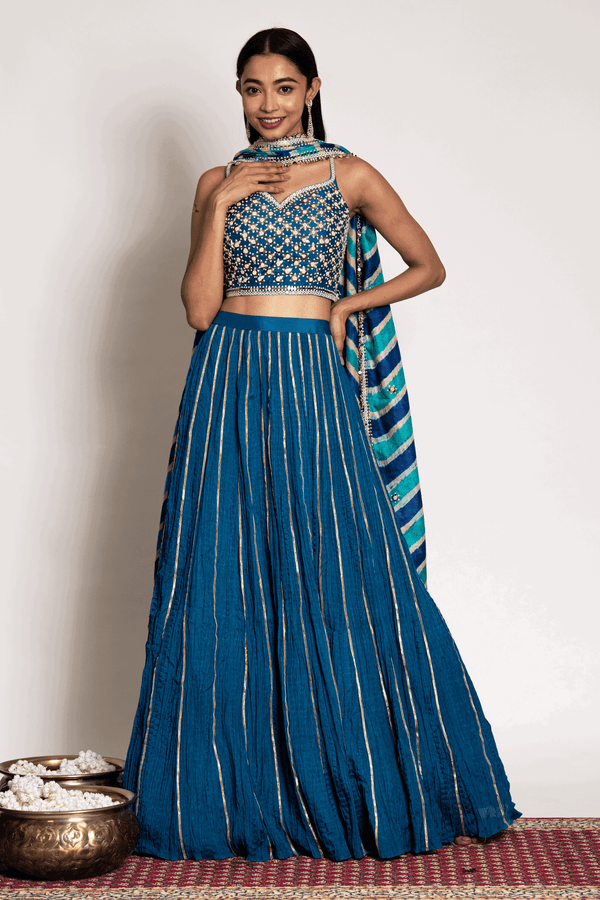 Ice Blue Mirror Work Blouse Paired With Crush Skirt And Leheriya Dupatta - Bandhani