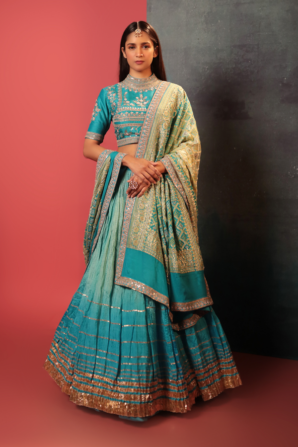 Ice Blue Zardosi Bandhani Lehenga Set - Bandhani