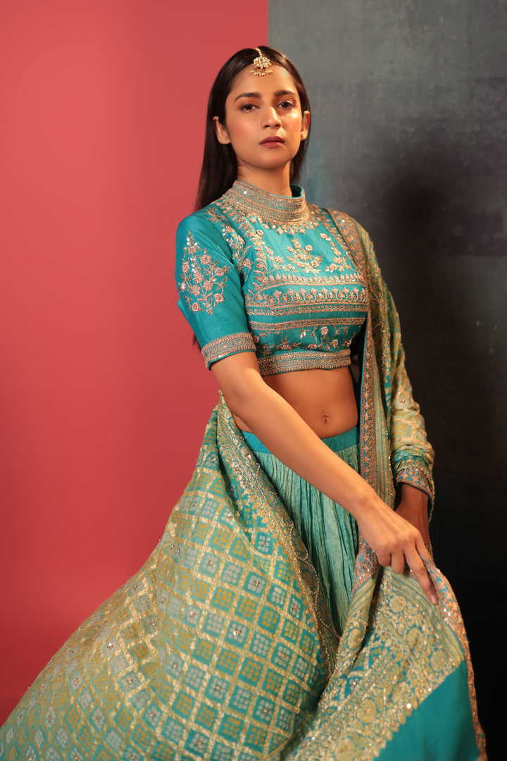 Ice Blue Zardosi Bandhani Lehenga Set - Bandhani