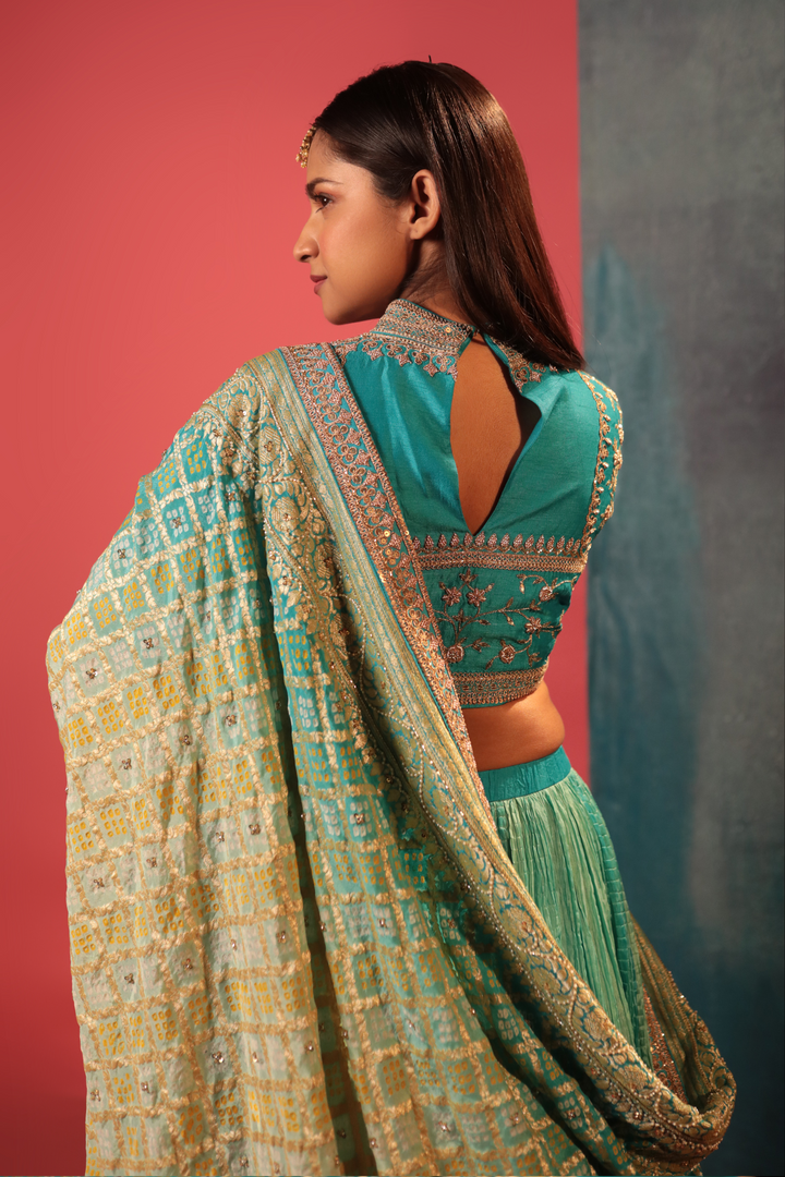 Ice Blue Zardosi Bandhani Lehenga Set - Bandhani