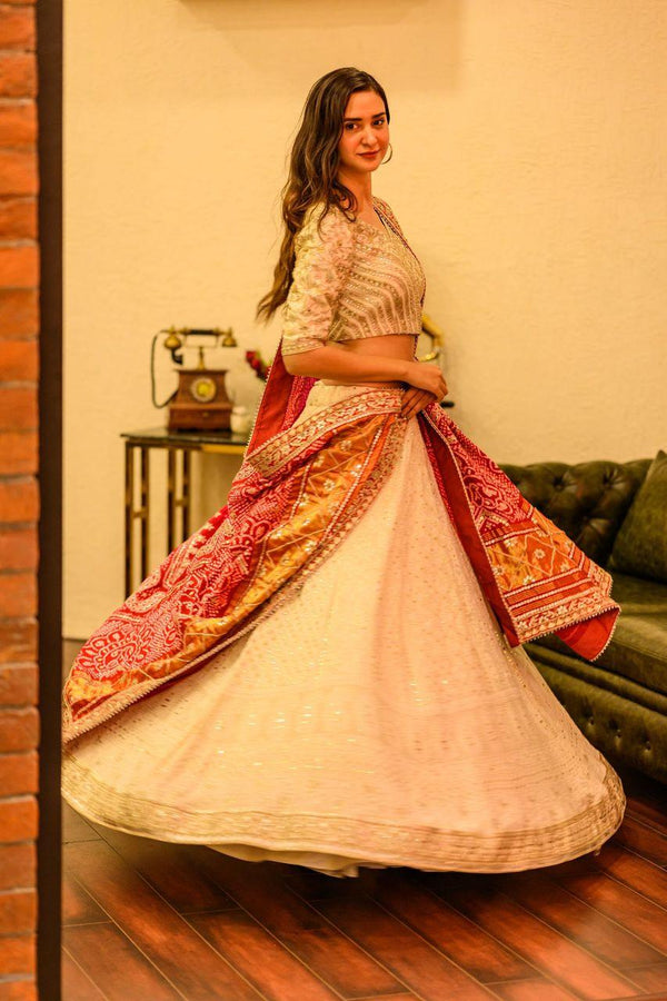 Ivory Chickankari Lehenga Set With Bandhani Dupatta - Bandhani