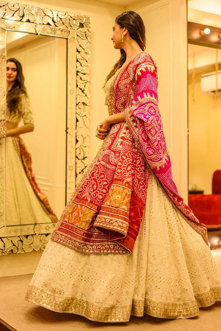 Ivory Chickankari Lehenga Set With Bandhani Dupatta - Bandhani