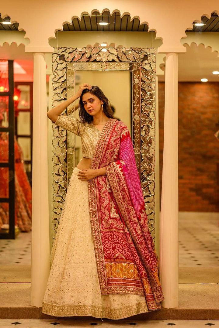 Ivory Chickankari Lehenga Set With Bandhani Dupatta - Bandhani