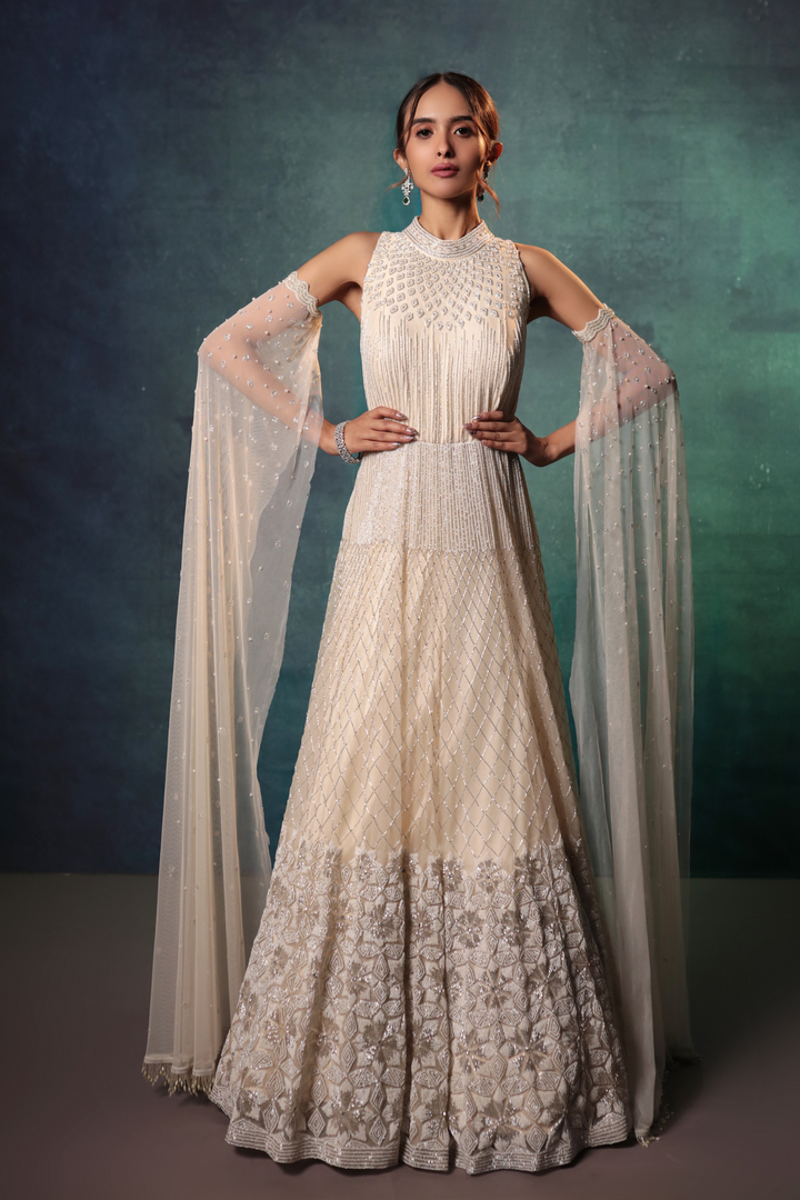 Ivory Exaggerated Sleeves Pearl Gown - Bandhani