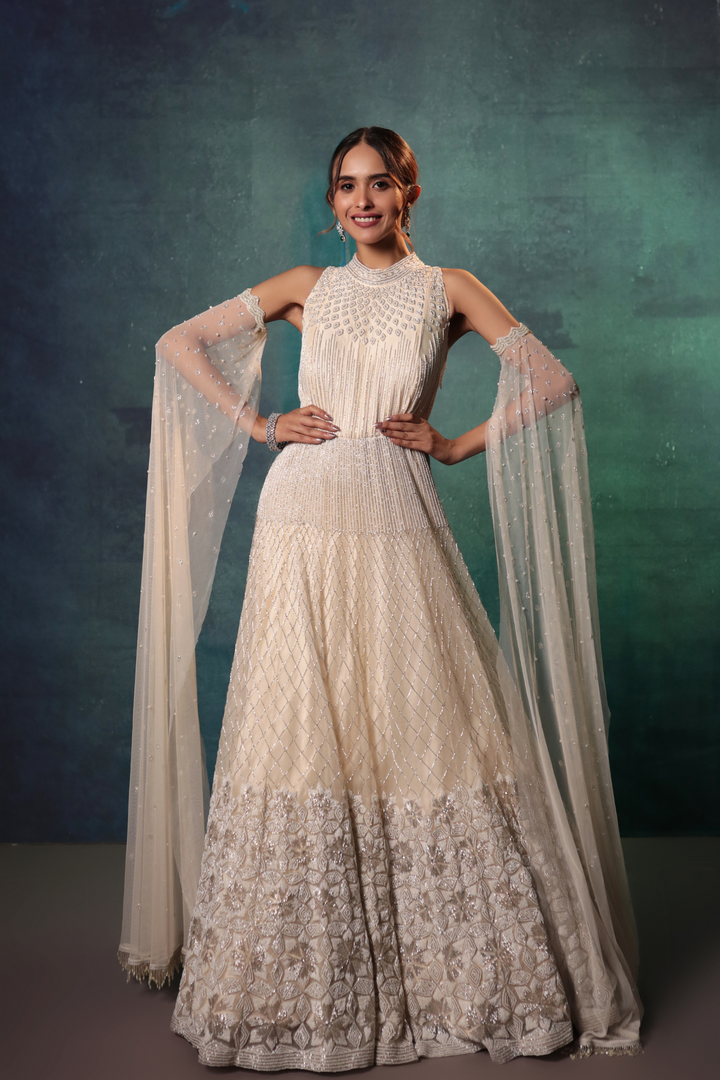Ivory Exaggerated Sleeves Pearl Gown - Bandhani