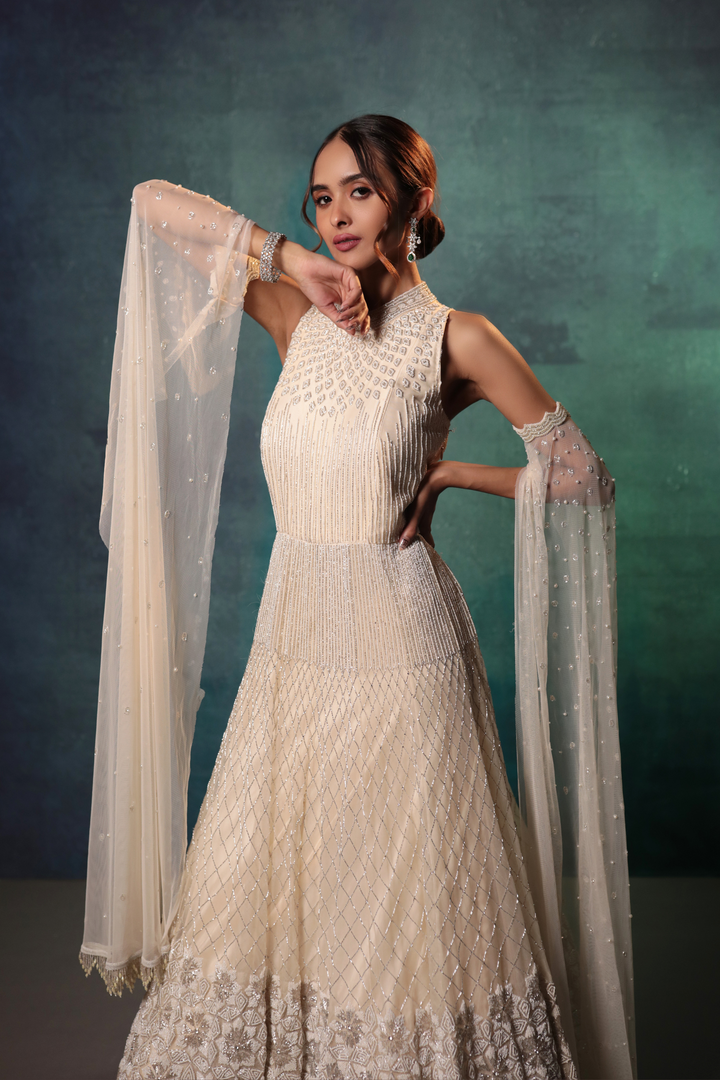 Ivory Exaggerated Sleeves Pearl Gown - Bandhani