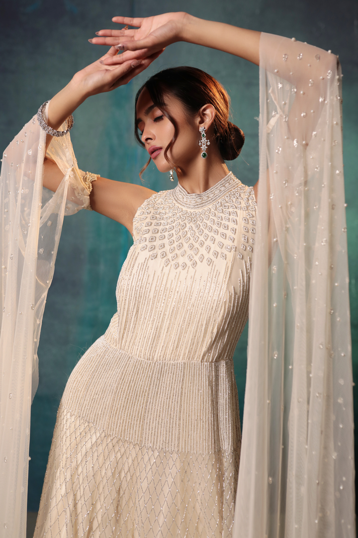 Ivory Exaggerated Sleeves Pearl Gown - Bandhani